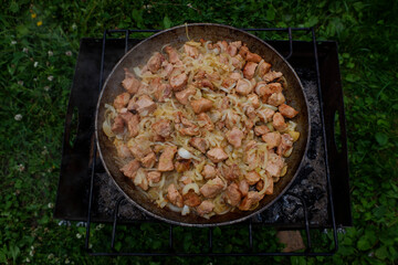 White meat is roasted with onion in a frying pan