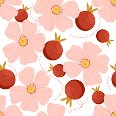 Wild Rose. Rosehip vector pattern. Pink flowers and fruits. Flat style.