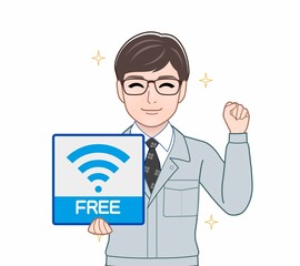 Wifiのパネルを持っている男性