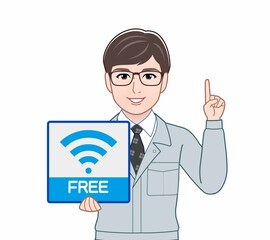 Wifiのパネルを持っている男性