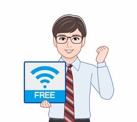 Wifiのパネルを持っている男性