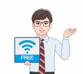 Wifiのパネルを持っている男性