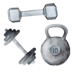 Watercolor set of illustrations of iron dumbbells and kettlebells on a white background. Hand clipart