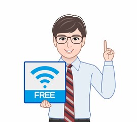 Wifiのパネルを持っている男性