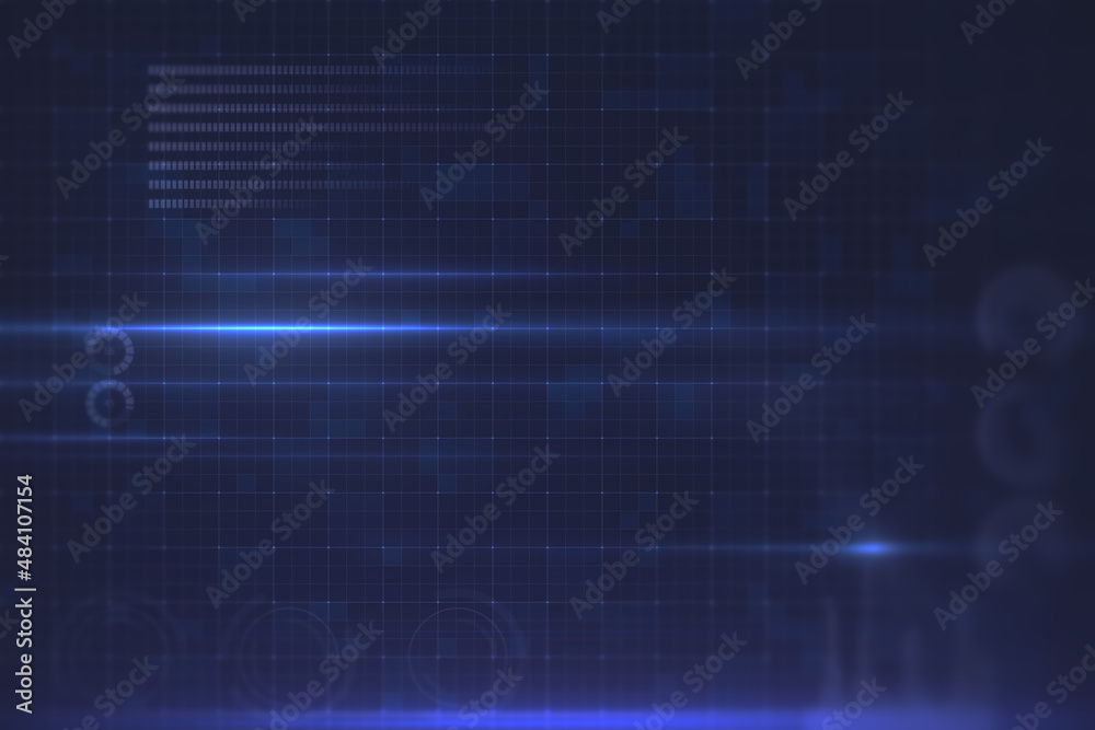Poster Creative blue digital grid background blurry business interface. Technology, communication, connection, web and science concept. 3D Rendering.