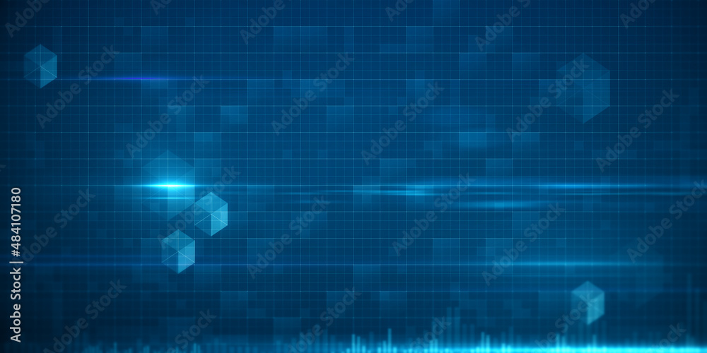 Poster Abstract wide blue digital grid texture blurry business interface. Technology, communication, connection, web and science concept. 3D Rendering.