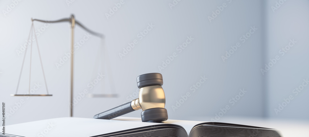 Aufkleber close up of gavel, book and scales on blurry light background with mock up place. law and jurisdicti