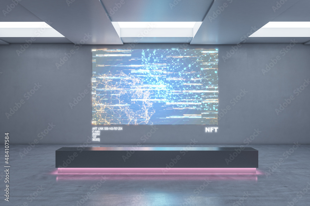Poster abstract exhibition center with glowing polygonal nft hologram. technology, business and currency co
