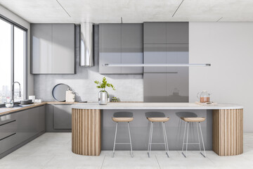 Contemporary concrete kitchen interior with wooden island, panoramic city view and daylight. 3D...