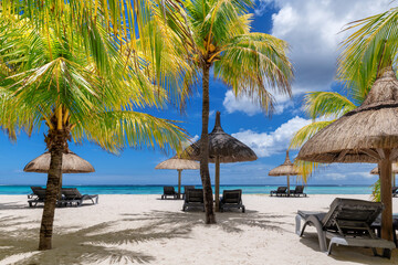 Paradise beach resort. Palm trees in tropical beach and straw umbrellas and blue sea in Mauritius...