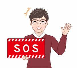 SOSのパネルを持っている男性