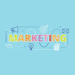 Vector illustration of creative word marketing typography lettering with line icon