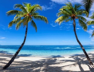 Tropical beach with white sand, blue ocean and coco palms. Summer vacation and tropical beach...