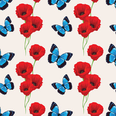 Obraz premium poppy flower and butterflies seamless design