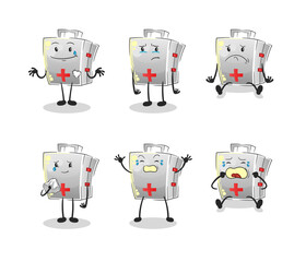 first aid kit sad group character. cartoon mascot vector