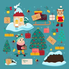 Cute Christmas set with bunny and cat. Vector illustration in cardboard flat style.