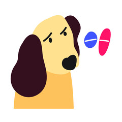 Dog looking at medicine pills. Vector illustration on white background.