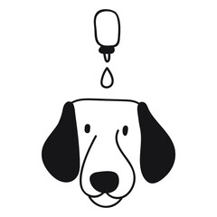 Dog face. Medicine against ticks. Vector outline illustration on white background.