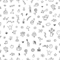 Seamless pattern with various doodle objects on a white background. Cartoon vector print. Funny animals and plants wallpaper.