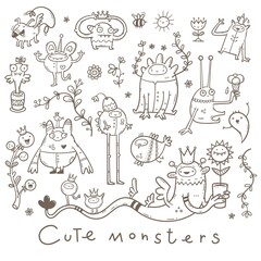 Set with cute cartoon monsters. Fabulous collection of creatures. Funny animal sticker pack. Line art doodle poster.