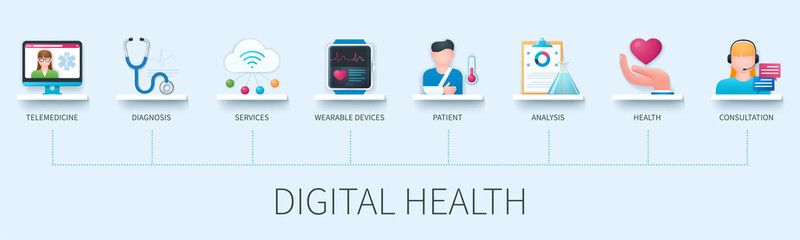 Digital health concept with icons. Telemedicine, diagnosis, service, wearable devices, patient, analysis, health, consultation. Business concept. Web vector infographic in 3D style