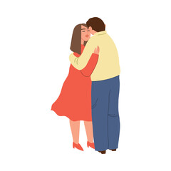 Couple in love hugs. Love relationship of a man and a woman. Taking care of each other. Strong embrace of two partners. Cartoon characters. Hand-drawn vector illustration. All elements are isolated.