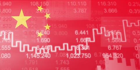 Naklejka na ściany i meble Abstract virtual global crisis chart and Chinese flag, falling markets and collapse of global economy concept.