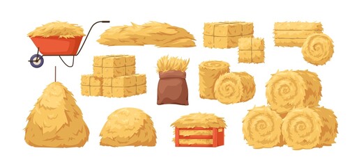 Hay bales, piles, heaps and stacks set. Straw in rolls, squares, sack, wheelbarrow and crate. Dry grass, farm fodder bundles. Flat vector illustrations of haystacks isolated on white background - obrazy, fototapety, plakaty