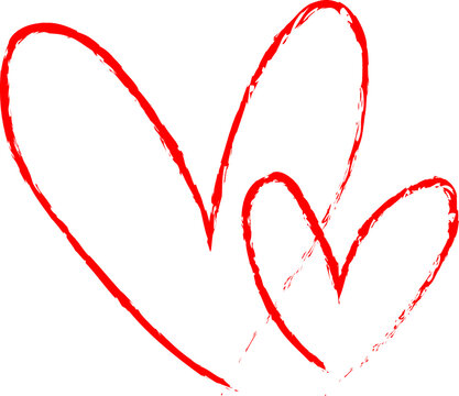MINIMAL TWO RED HEARTS OUTLINE VECTOR ILLUSTRATION ON WHITE BACKGROUND. VALENTINE'S DAY HEART CLIPART. CHALK TEXTUTE DOUBLE HEARTS DRAWING ON WHITE BACKGROUND.