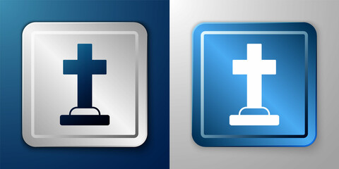 Fototapeta premium White Tombstone with cross icon isolated on blue and grey background. Grave icon. Happy Halloween party. Silver and blue square button. Vector