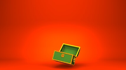 Obraz premium Green treasure chest on red copy space. 3D illustration for background. 