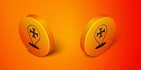 Isometric Crusade icon isolated on orange background. Orange circle button. Vector