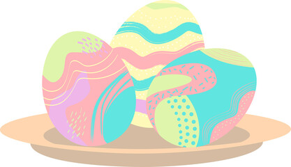 Easter eggs with an abstract pastel pattern lie on a plate