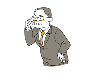 横を覗き込んでいる中高年のビジネスマン　コミカルな手書きの人物イラスト　ベクター線画