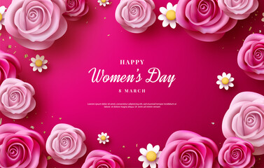 Women's day background with illustrations of writing and flowers.