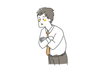 横を覗き込んでいる若いビジネスマン　コミカルな手書きの人物イラスト　ベクター線画にシンプルな色つけ　