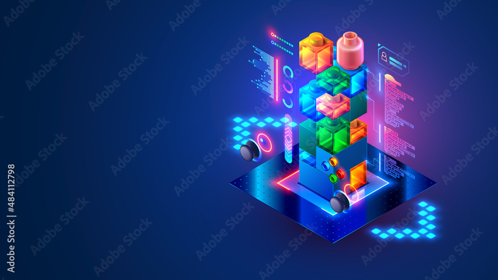 Fototapete Programming children courses. Computer Games design online kids tutorial. Creations computer game code of for teens. Coding of program in the form building simple of a tower of bricks. Banner concept