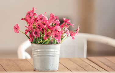 pink flowers in white pots put it on the corner of the table behind the sky have copy space