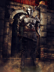 Fantasy scene with a knight in full armor, holding a sword and standing in front of a gate. 3D render - the man is a 3D object.