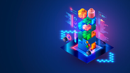 Programming children courses. Computer Games design online kids tutorial. Creations computer game code of for teens. Coding of program in the form building simple of a tower of bricks. Banner concept