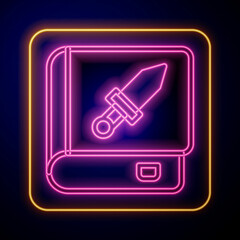 Glowing neon Book about weapon icon isolated on black background. Small firearm. Weapon catalog. Vector