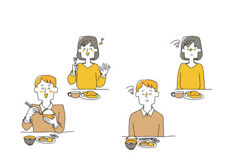 食事を摂っている人物のセット　健康と不健康　コミカルな手書きの人物イラスト
