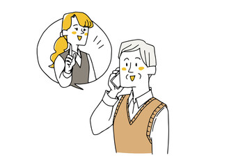 オペレーターに説明を聞いている高齢の男性　コミカルな手書きの人物イラスト　ベクター線画