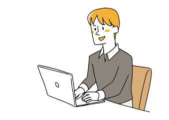 ノートパソコンで作業している男性　コミカルな手書きの人物イラスト　ベクター線画にシンプルな色つけ　