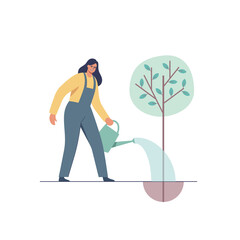 Woman planting and watering tree. Female character caring for garden. Vector illustration.