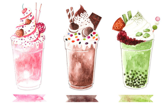 Watercolor illustration Collection of Taiwan Milk Bubble Tea with tapioca pearls,  iced coffee, fruit smoothie and other sweet drinks, Asian Taiwanese drink, isolated on white background.