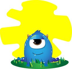 a cartoon character in blue is sitting on green grass with grass on a golden background