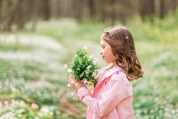 Obraz premium portrait of a girl with primroses. A child in the spring forest sniffs a bouquet of flowers.