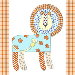 Cute lion in patchwork technique from different types of fabrics. Cute wild lion vector illustration. Patchwork toy for sleep.
