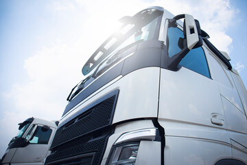 Front of Semi Trucks Parking. Tractor Trucks. Lorry. Industry Freight Truck Transport.